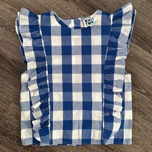 Whit Two Blue White Gingham Plaid Cascade Ruffle Top